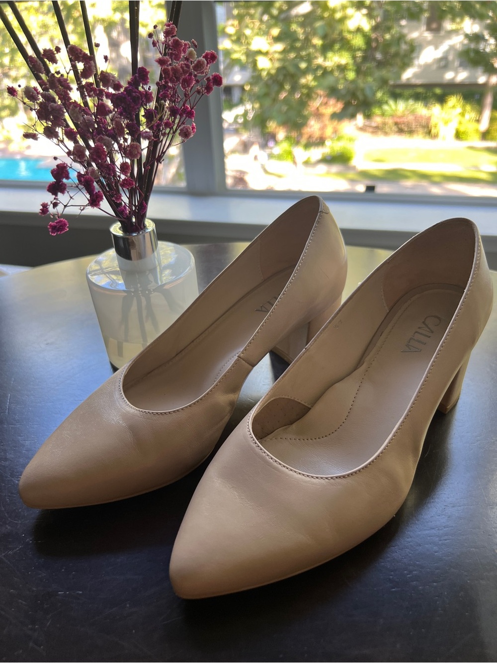 Women's Beige Pointed-Toe Low Block Heel Pumps